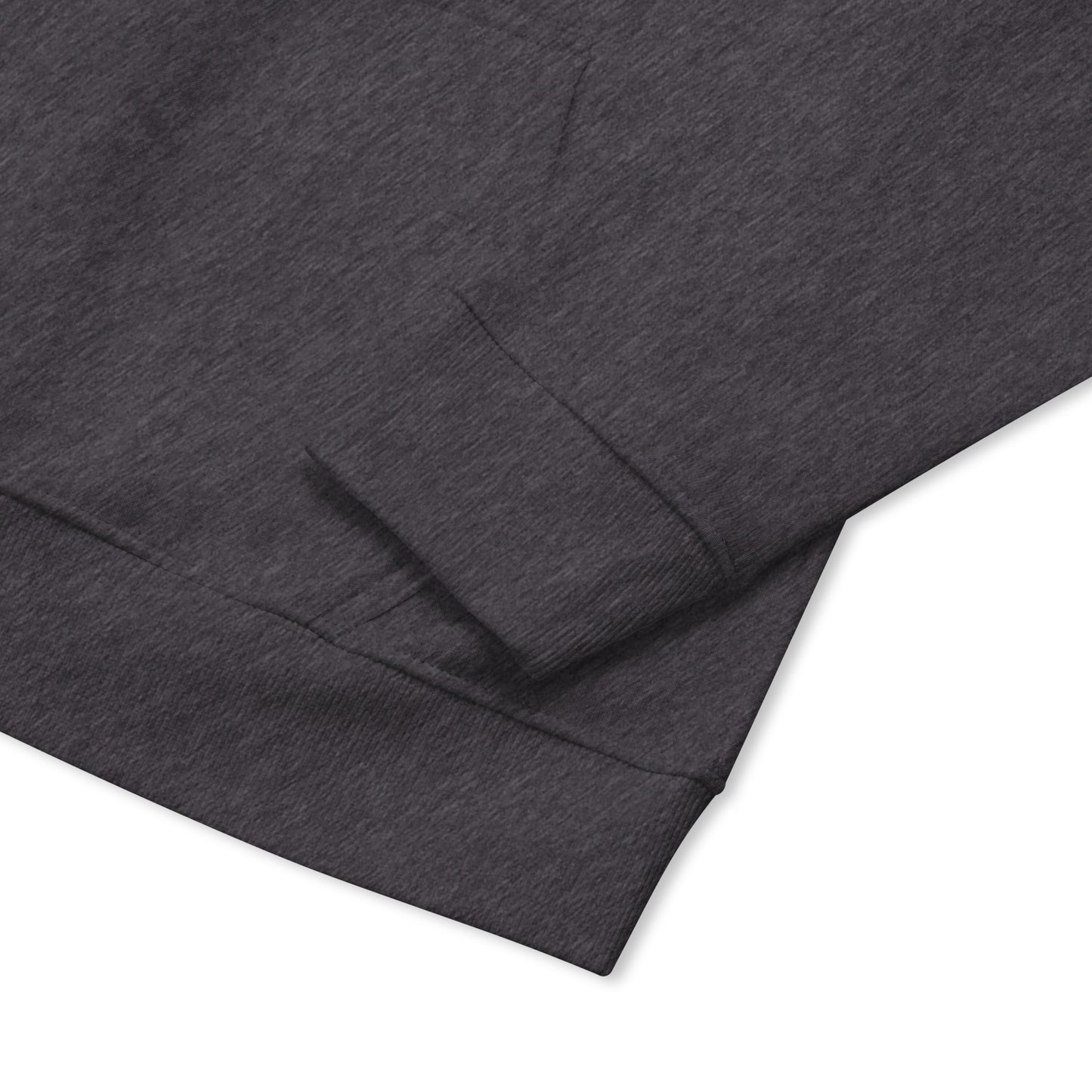 close up detail of heather grey organic cotton hoodie showing left cuff and hem.