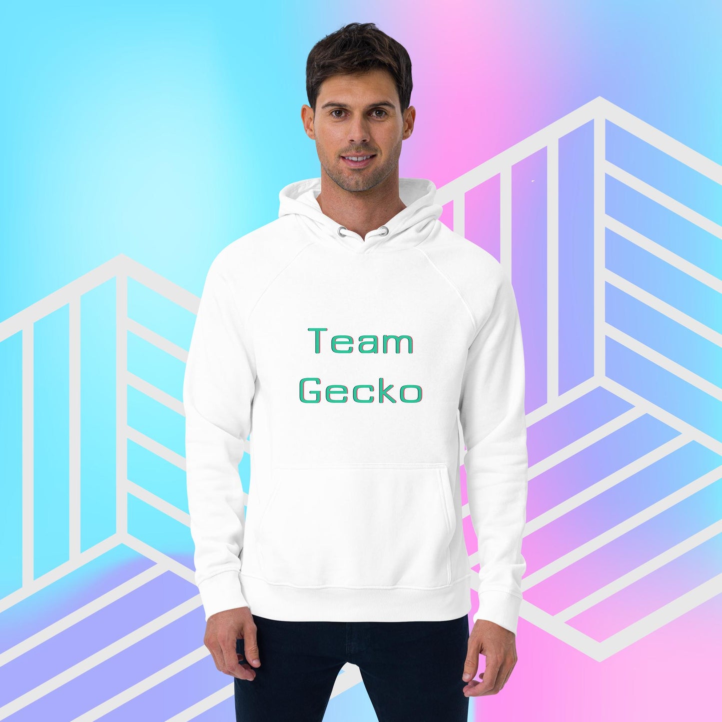Man wearing white organic cotton hoodie with light green glitch effect "Team Gecko" slogan. The backdrop is blue, pink and purple gradient with white graphics.