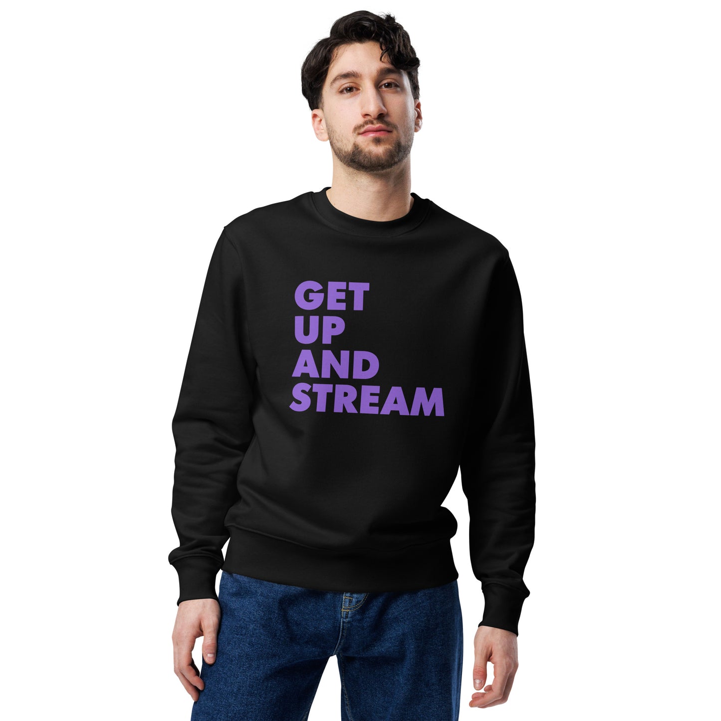 Product mockup black.Front view of male model wearing sweatshirt showing bold sans serif purple text, left justified, reading "Get up and stream"