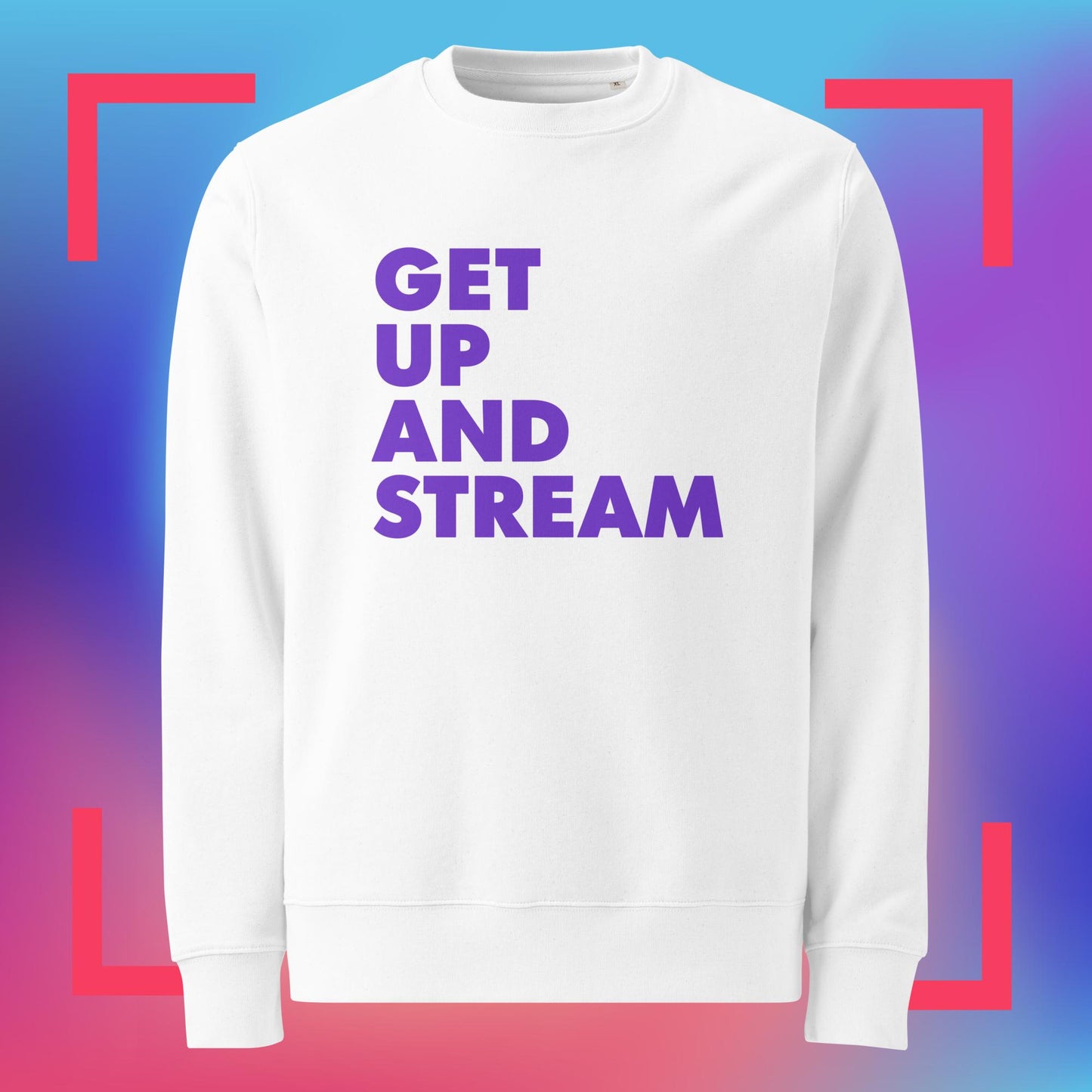 Product mockup white. Ghost view of sweatshirt showing bold sans serif purple text, left justified, reading "Get up and stream"