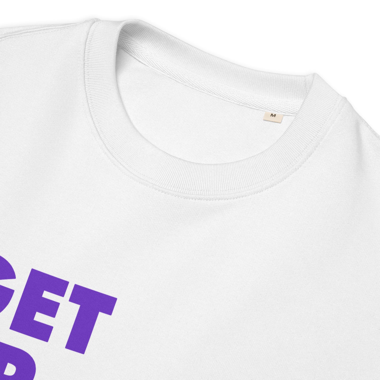 Flatlay detail view of neck on white sweatshirt. Partial view of "Get up and stream" purple text.