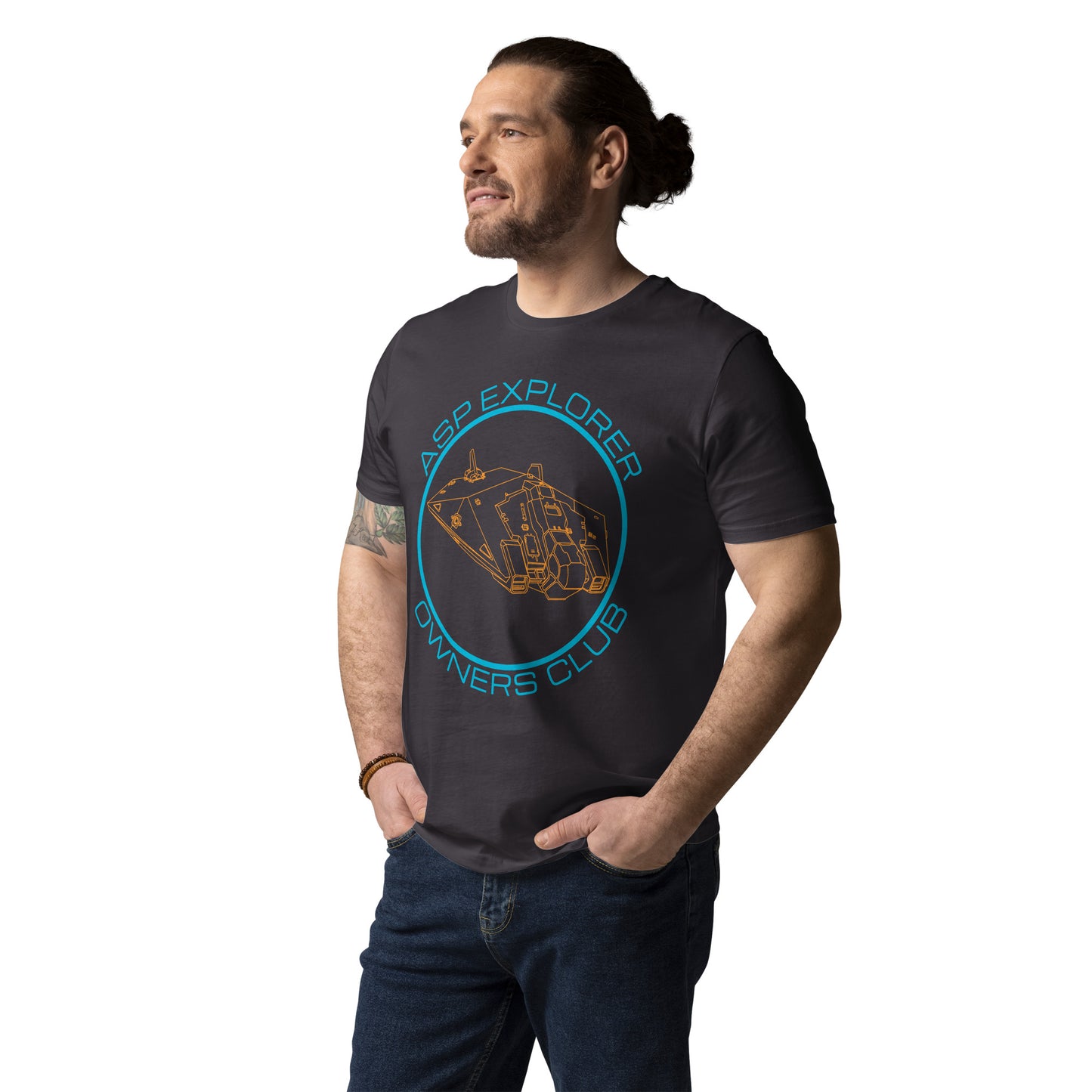 three quarters view of man wearing anthracite Asp Explorer Owners club t-shirt in orange and blue, with wireframe image of Asp explorer and text round a circle.