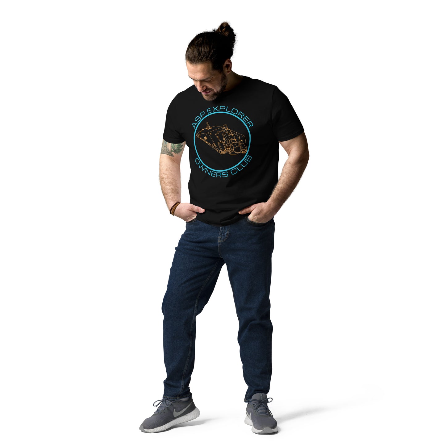 front view of man wearing black Asp Explorer Owners club t-shirt in orange and blue, with wireframe image of Asp explorer and text round a circle.