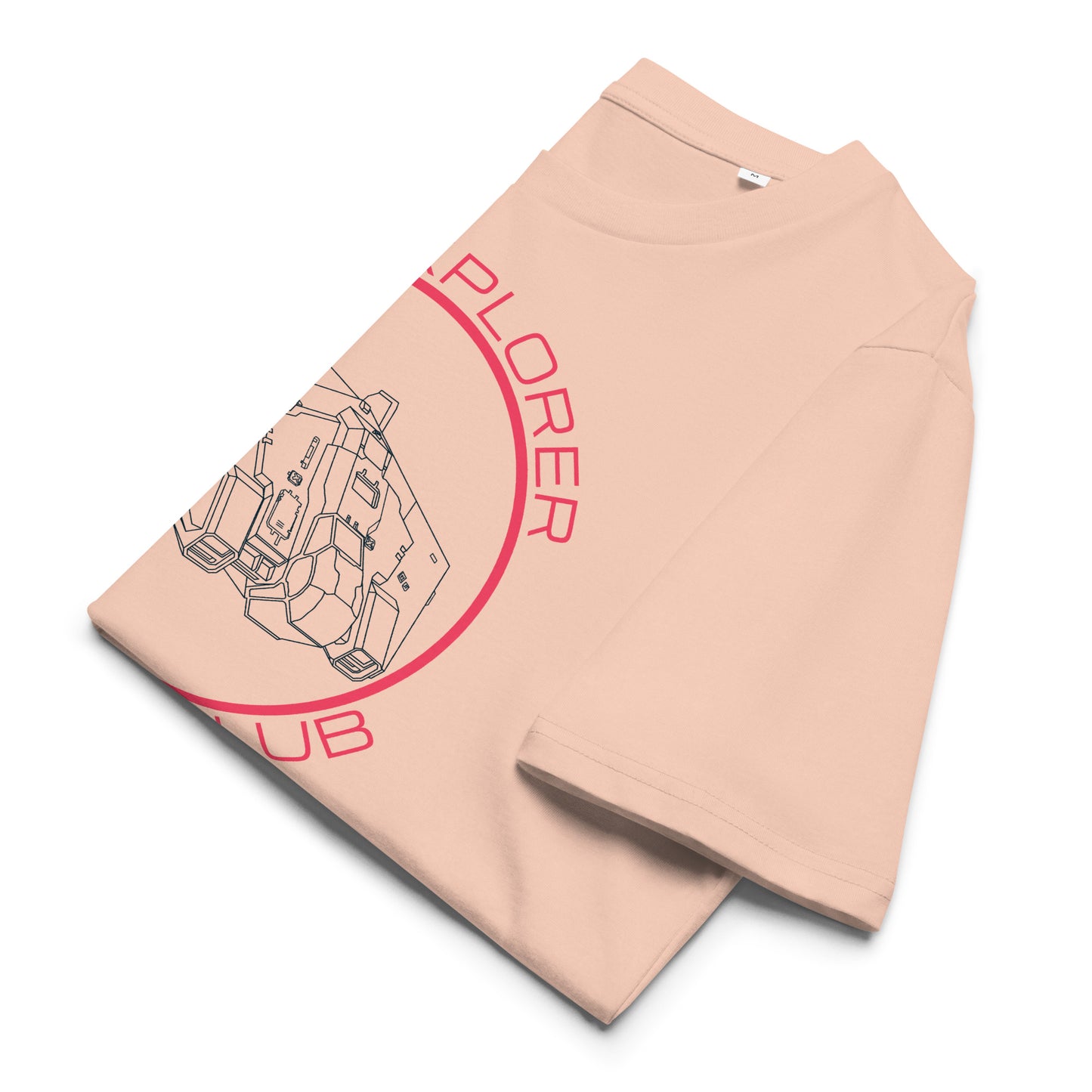 folded view of peach Asp Explorer Owners club t-shirt in midnight blue and pink, with wireframe image of Asp explorer and text round a circle.