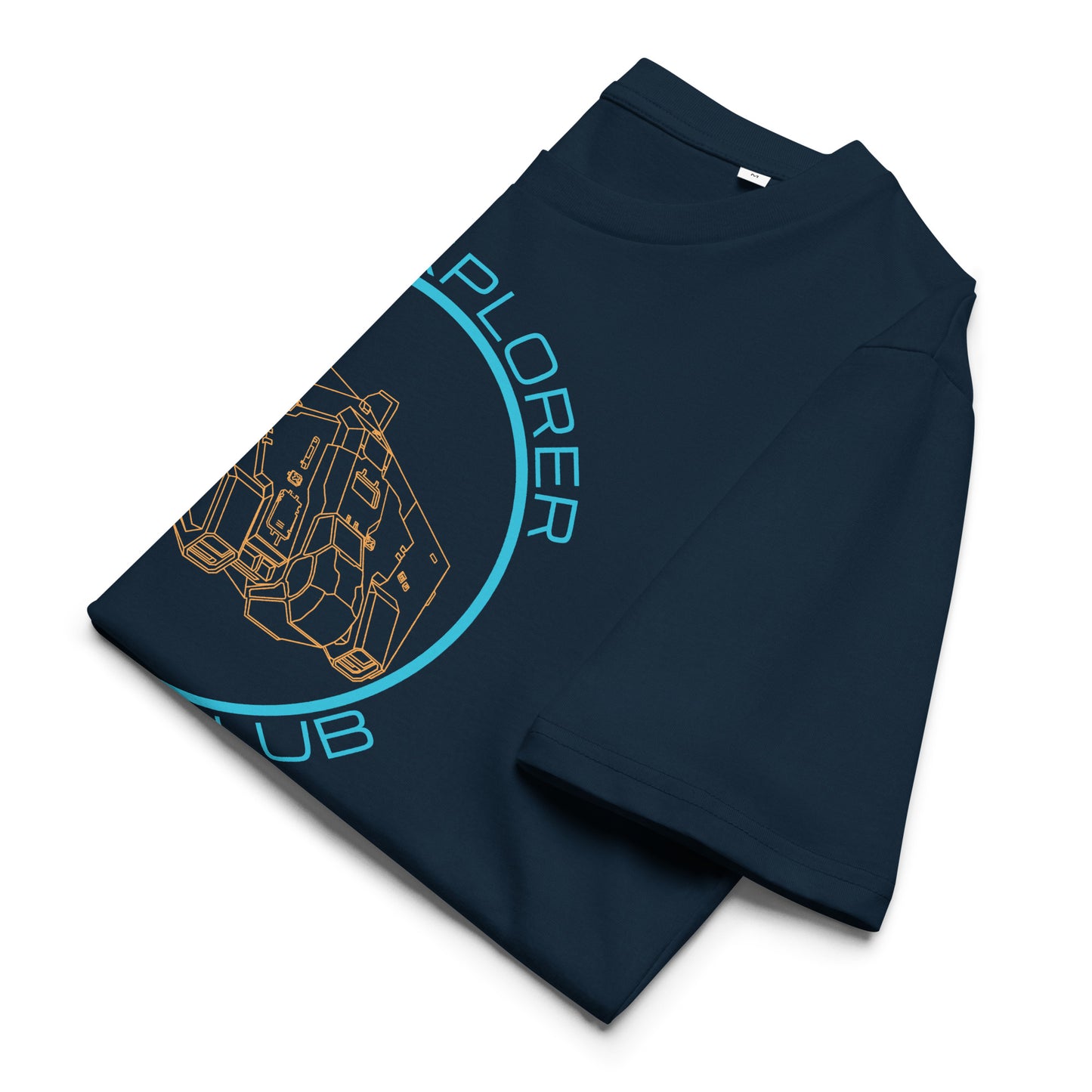 folded view of navy Asp Explorer Owners club t-shirt in orange and blue, with wireframe image of Asp explorer and text round a circle.