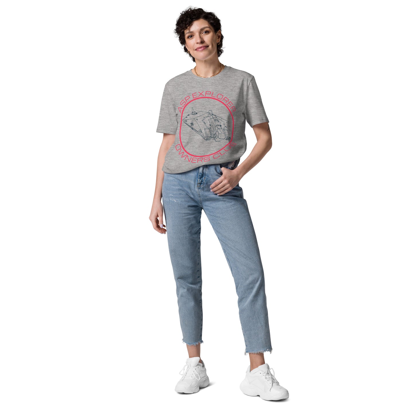 front view of woman wearing heather grey Asp Explorer Owners club t-shirt in midnight blue and pink, with wireframe image of Asp explorer and text round a circle.