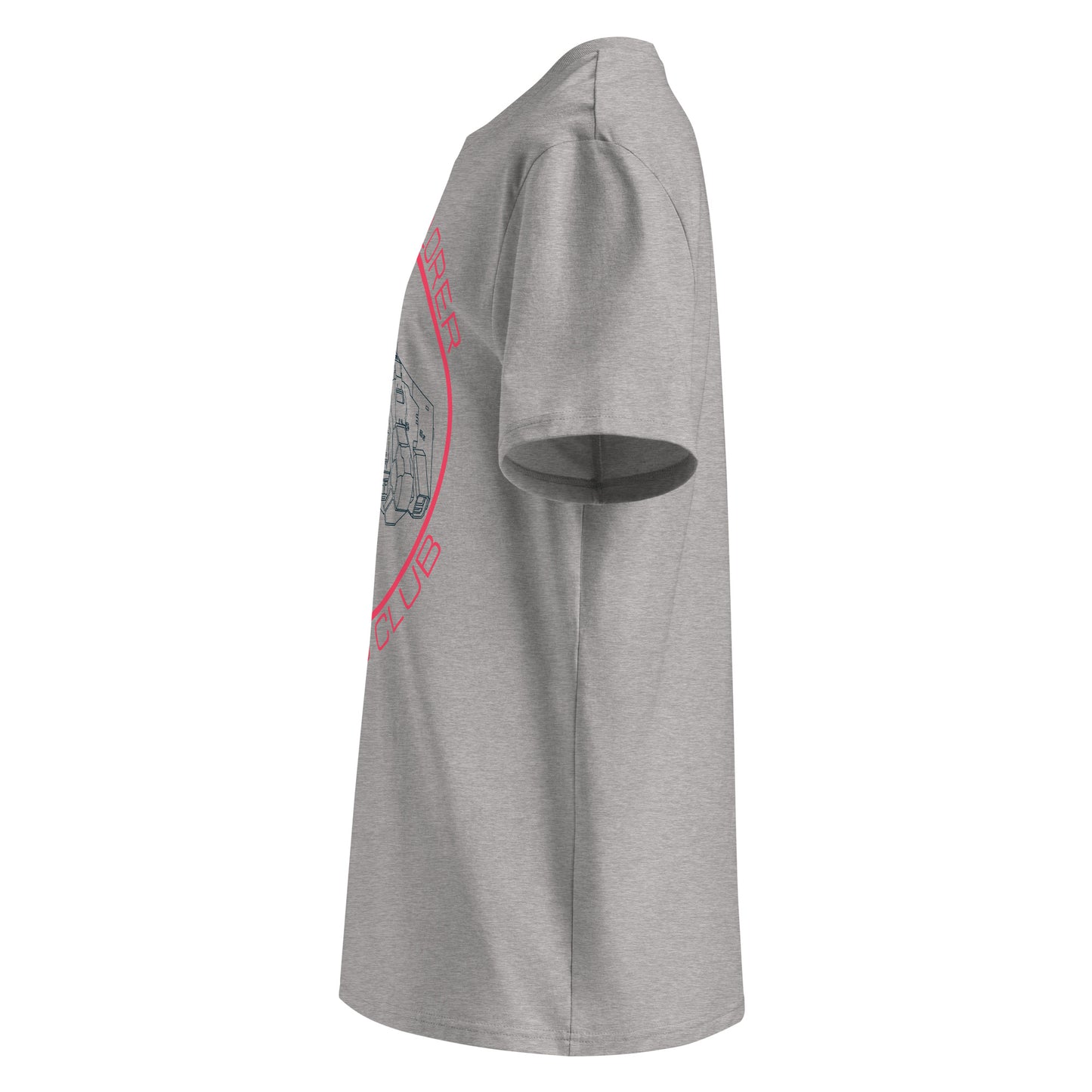side view of heather grey Asp Explorer Owners club t-shirt in midnight blue and pink, with wireframe image of Asp explorer and text round a circle.