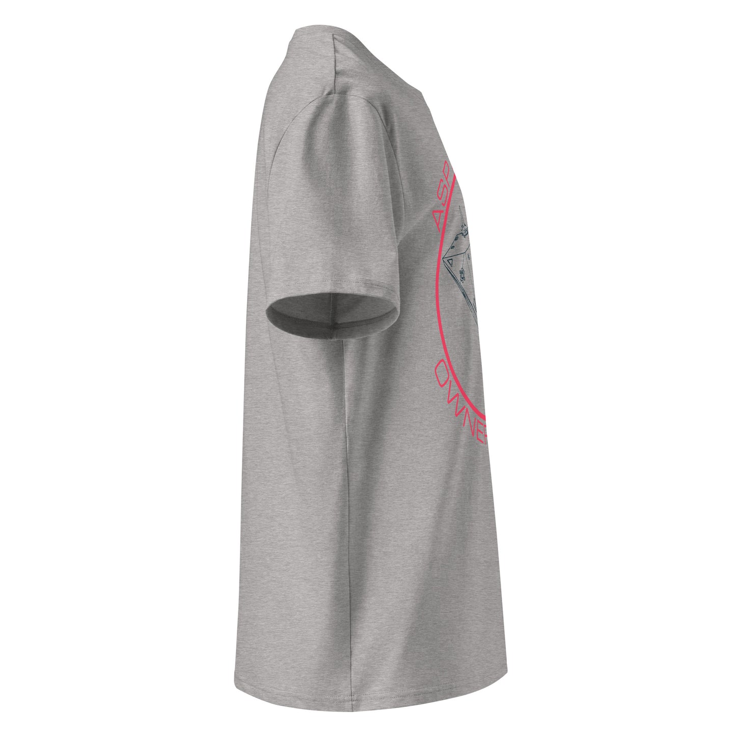 right side view of heather grey Asp Explorer Owners club t-shirt in midnight blue and pink, with wireframe image of Asp explorer and text round a circle.