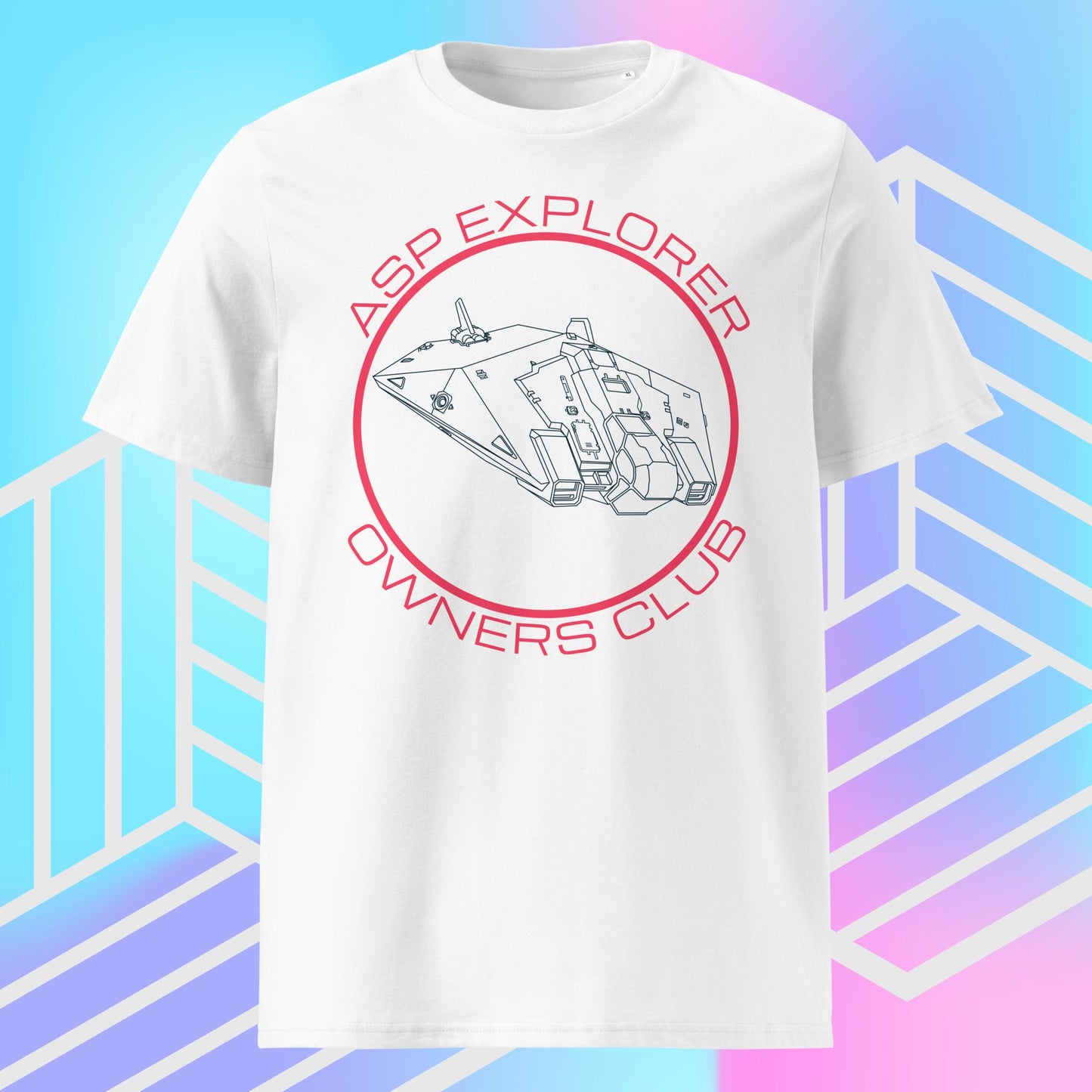 ghost view of white Asp Explorer Owners club t-shirt in midnight blue and pink, with wireframe image of Asp explorer and text round a circle. The backdrop is blue, pink and purple gradient with white graphics.