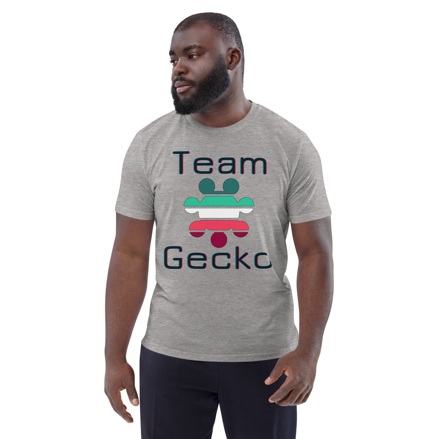 Man wearing midnight blue glitch text "Team Gecko" organic cotton t-shirt with Gecko Gamer Gear logo.