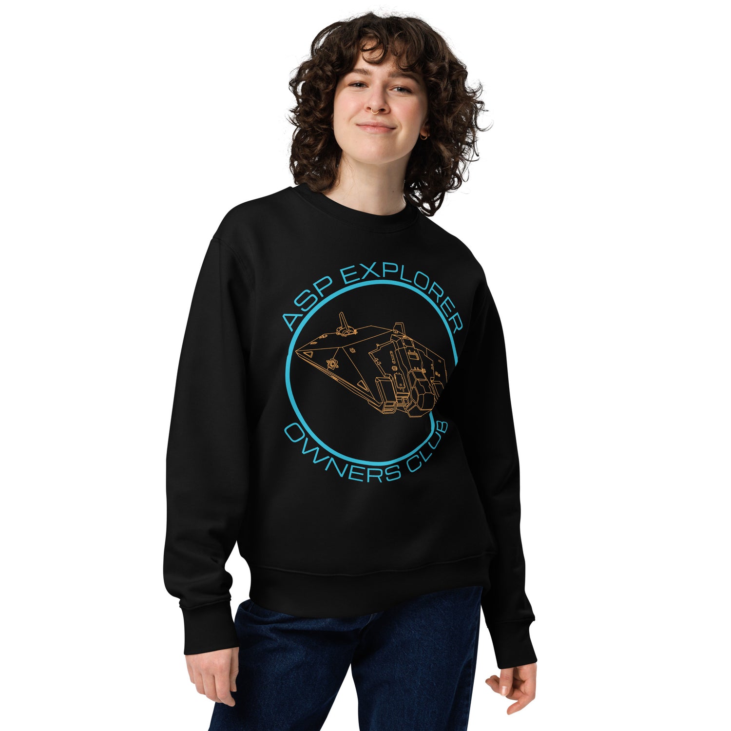 woman wearing black organic cotton sweatshirt with orange and blue Asp Explorer Owners Club design