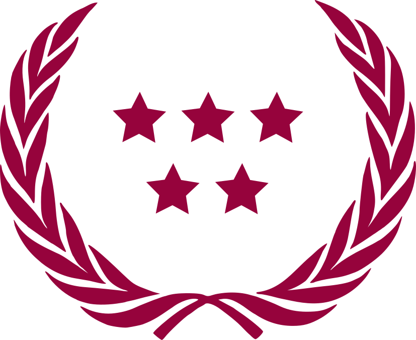 dark pink vector image of laurel wreath and five five pointed stars arranged in the centre.