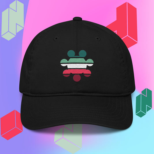 black organic cotton baseball cap with curved bill. Gecko Gamer Gear logo embroidered on the front. Backdrop is purple pink and blue gradient with tetris style block graphics.