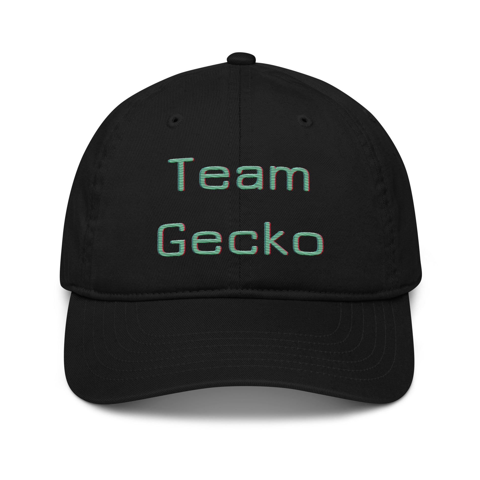 black organic cotton baseball cap with curved bill. Team Gecko glitch text embroidered on the front. 
