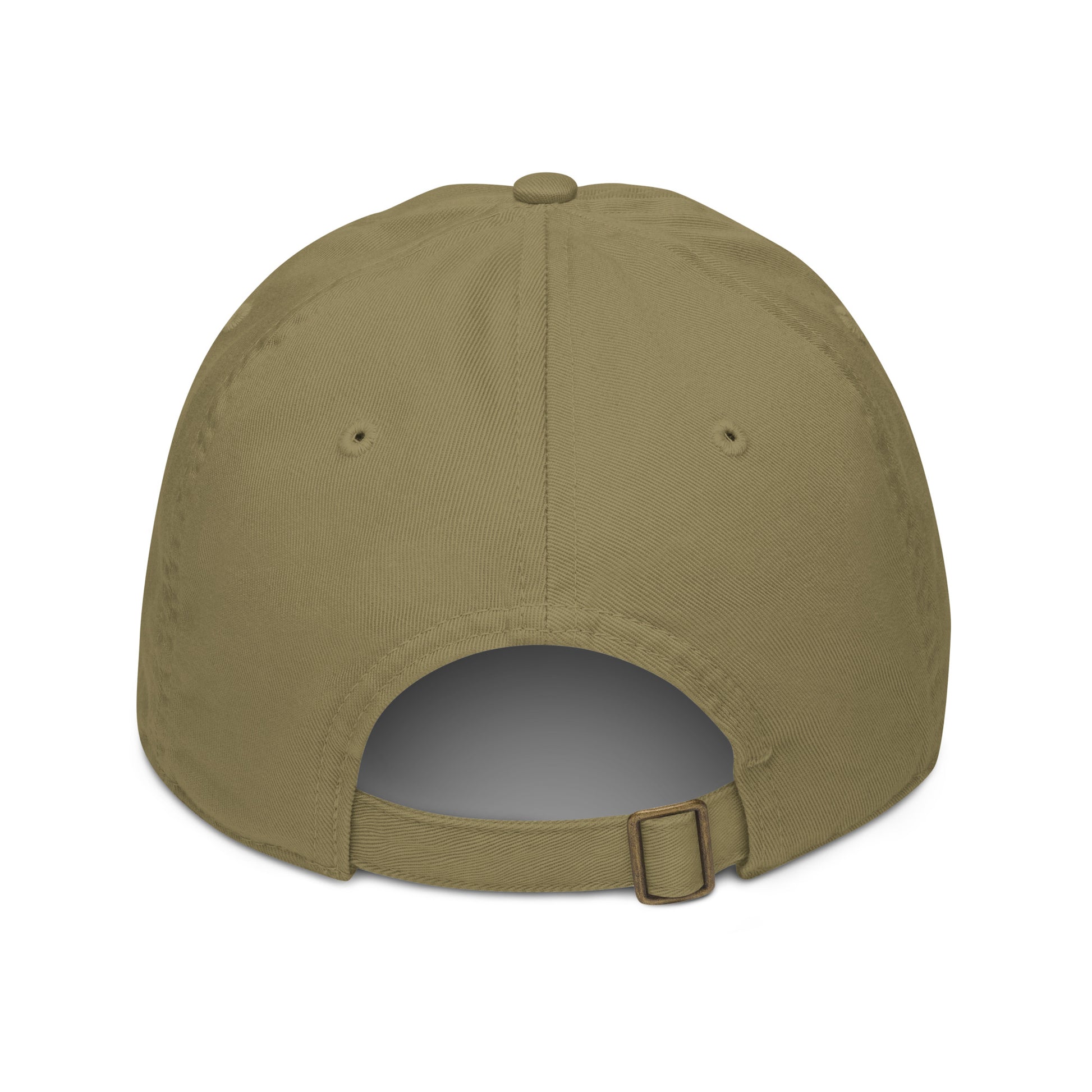 close detail showing rear of Jungle (khaki) organic cotton baseball cap with curved bill. 