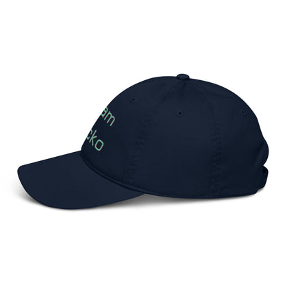 side view of navy organic cotton baseball cap with curved bill. Team Gecko glitch text embroidered on the front. 