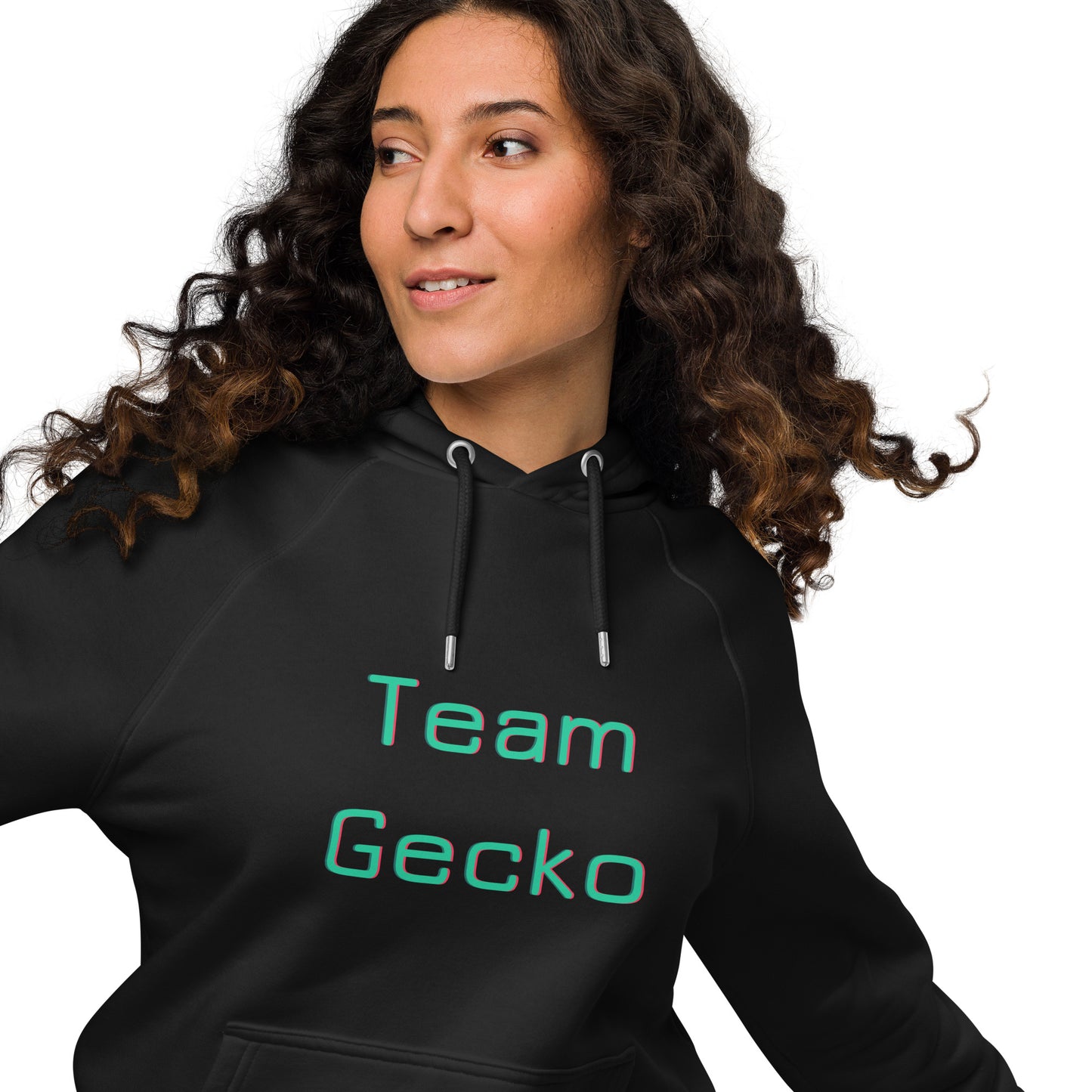 Young woman wearing black organic cotton hoodie with light green glitch effect "Team Gecko" slogan.