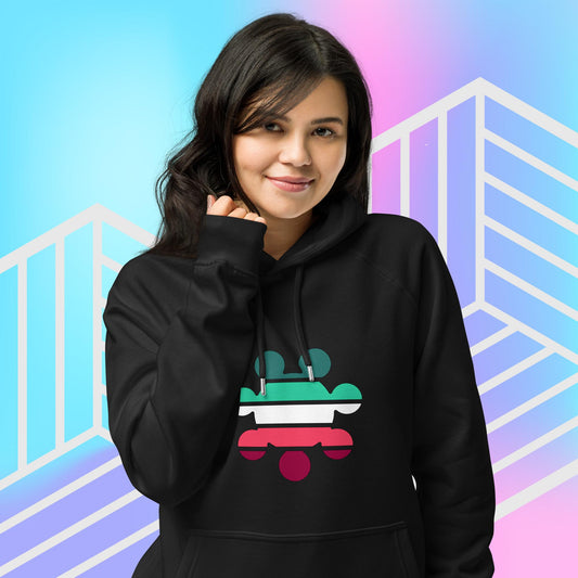 Young woman wearing black organic cotton hoodie with Gecko Gamer Gear logo. The backdrop is blue, pink and purple gradient with white graphics.
