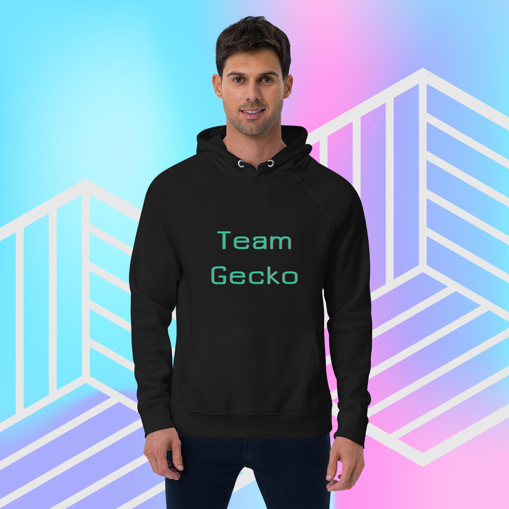 Man wearing black organic cotton hoodie with light green glitch effect "Team Gecko" slogan. The backdrop is blue, pink and purple gradient with white graphics.
