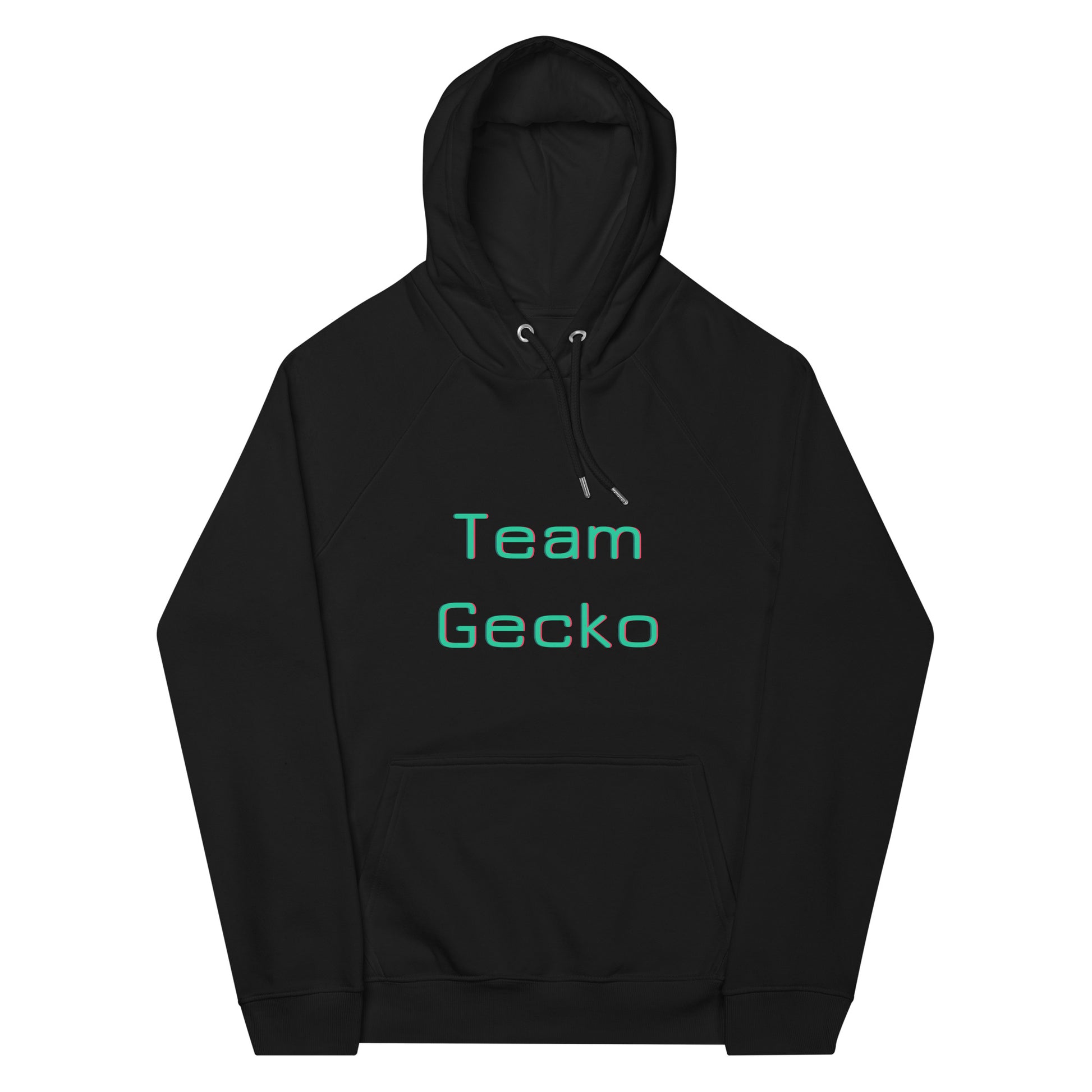 Flatlay of black organic cotton hoodie with light green glitch effect "Team Gecko" slogan