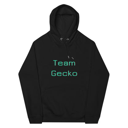 Flatlay of black organic cotton hoodie with light green glitch effect "Team Gecko" slogan