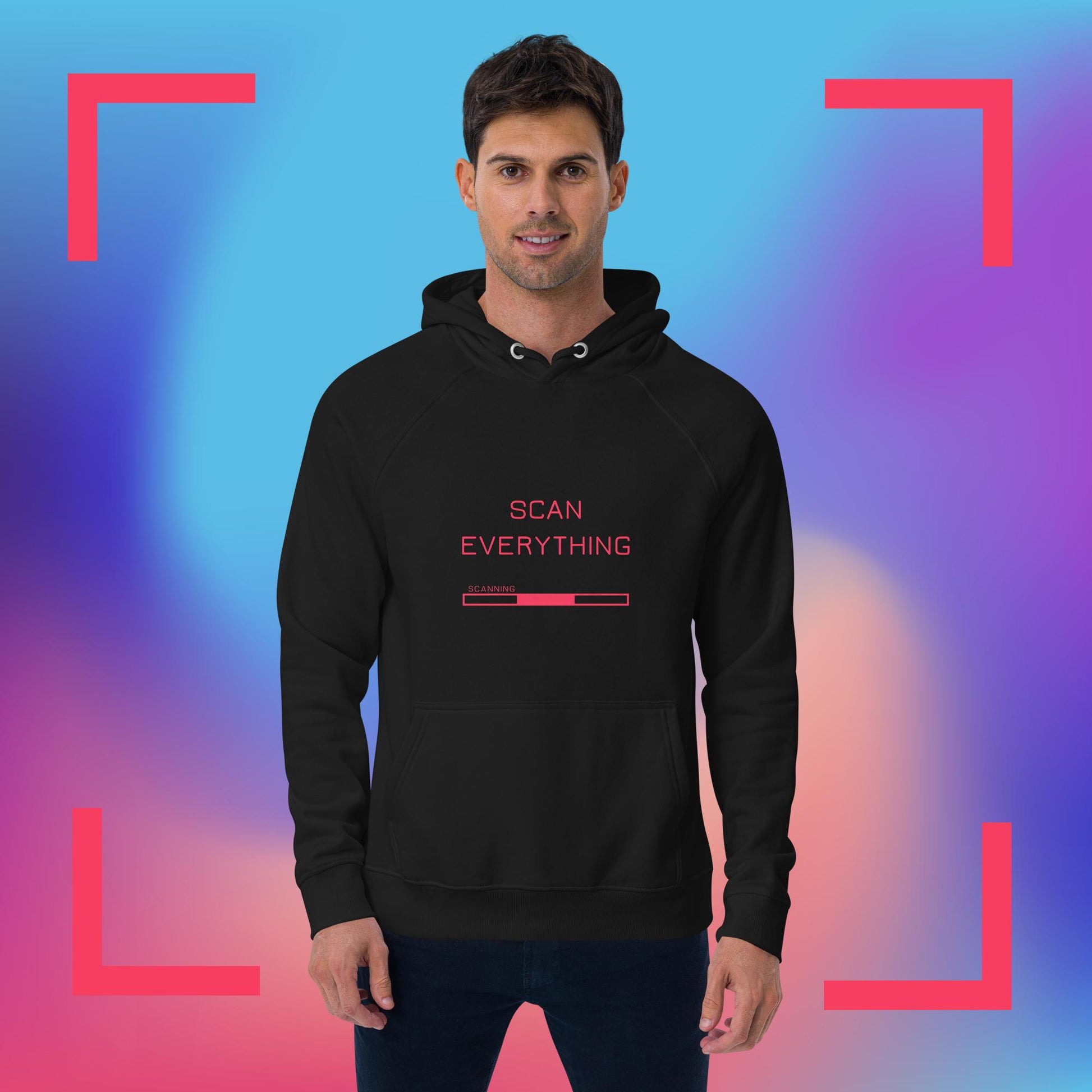 Front view of man wearing black organic cotton gamer merch hoodie with bright pink "Scan Everything " slogan and scanning progress bar graphic. The backdrop is blue, pink and purple gradient with pink graphics.