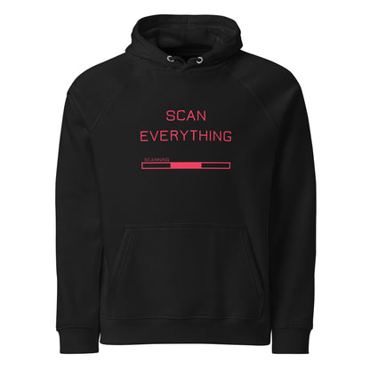 ghost view of black organic cotton gamer merch hoodie with bright pink "Scan Everything " slogan and scanning progress bar graphic.