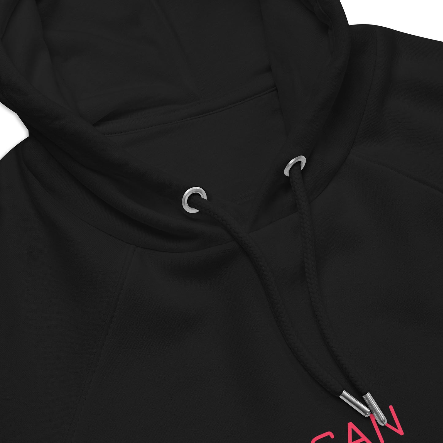 Close up detail of drawstrings on black organic cotton gamer merch hoodie. Showing metal eyelets and metal endcaps on drawstrings
