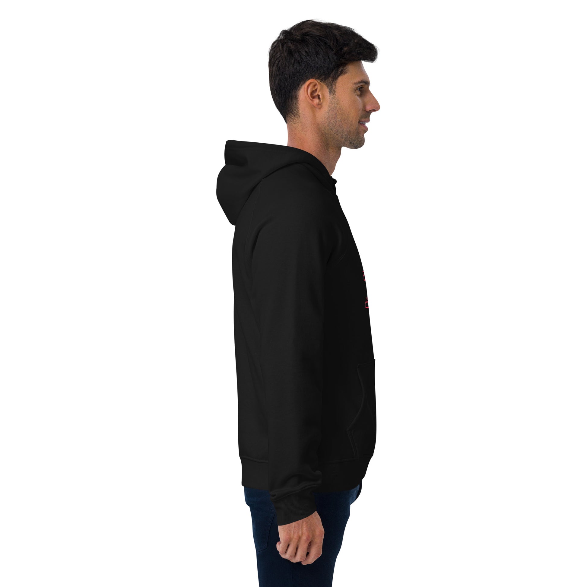 side view of man wearing black organic cotton gamer merch hoodie with bright pink "Scan Everything " slogan and scanning progress bar graphic.
