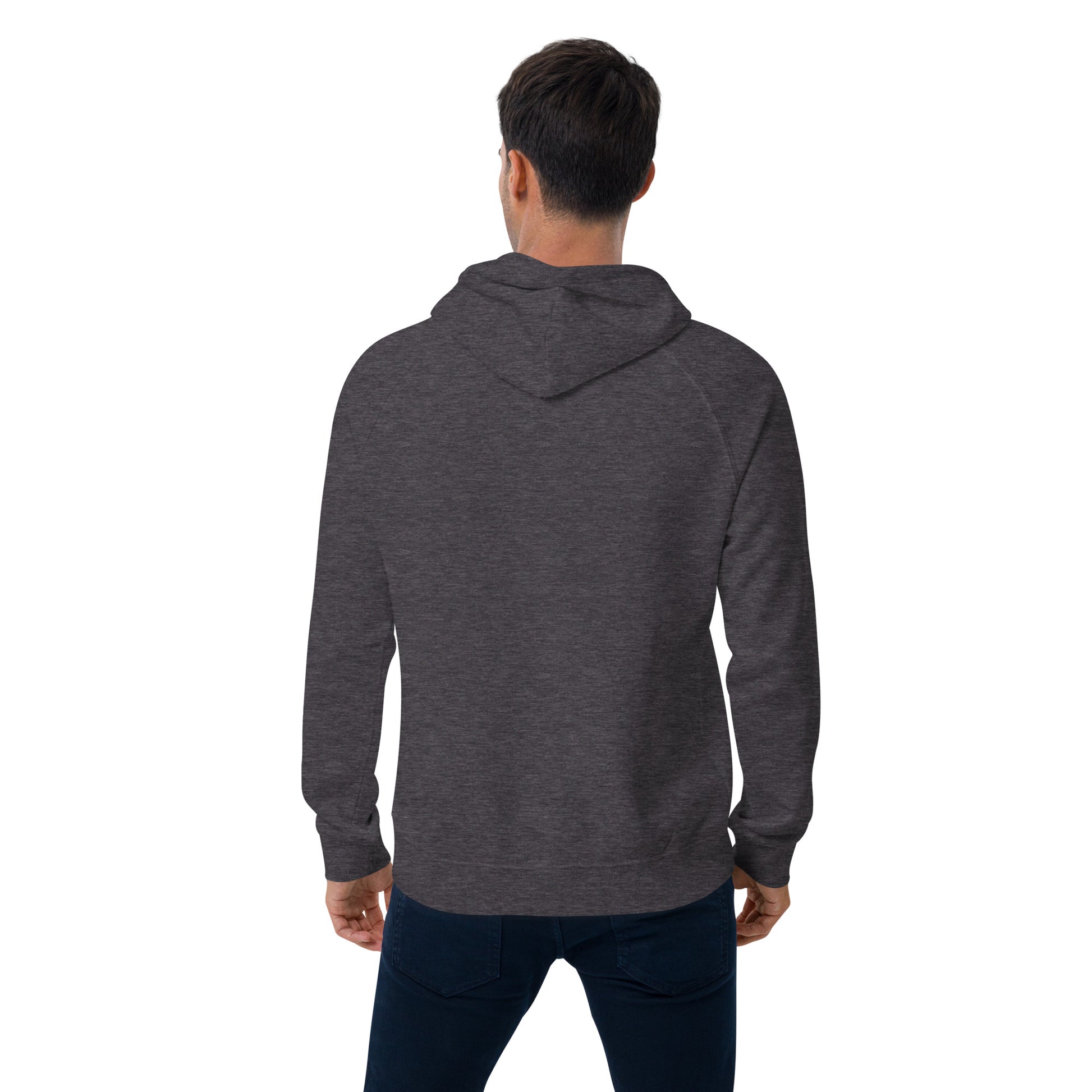 Rear view of man wearing heather grey organic cotton hoodie.