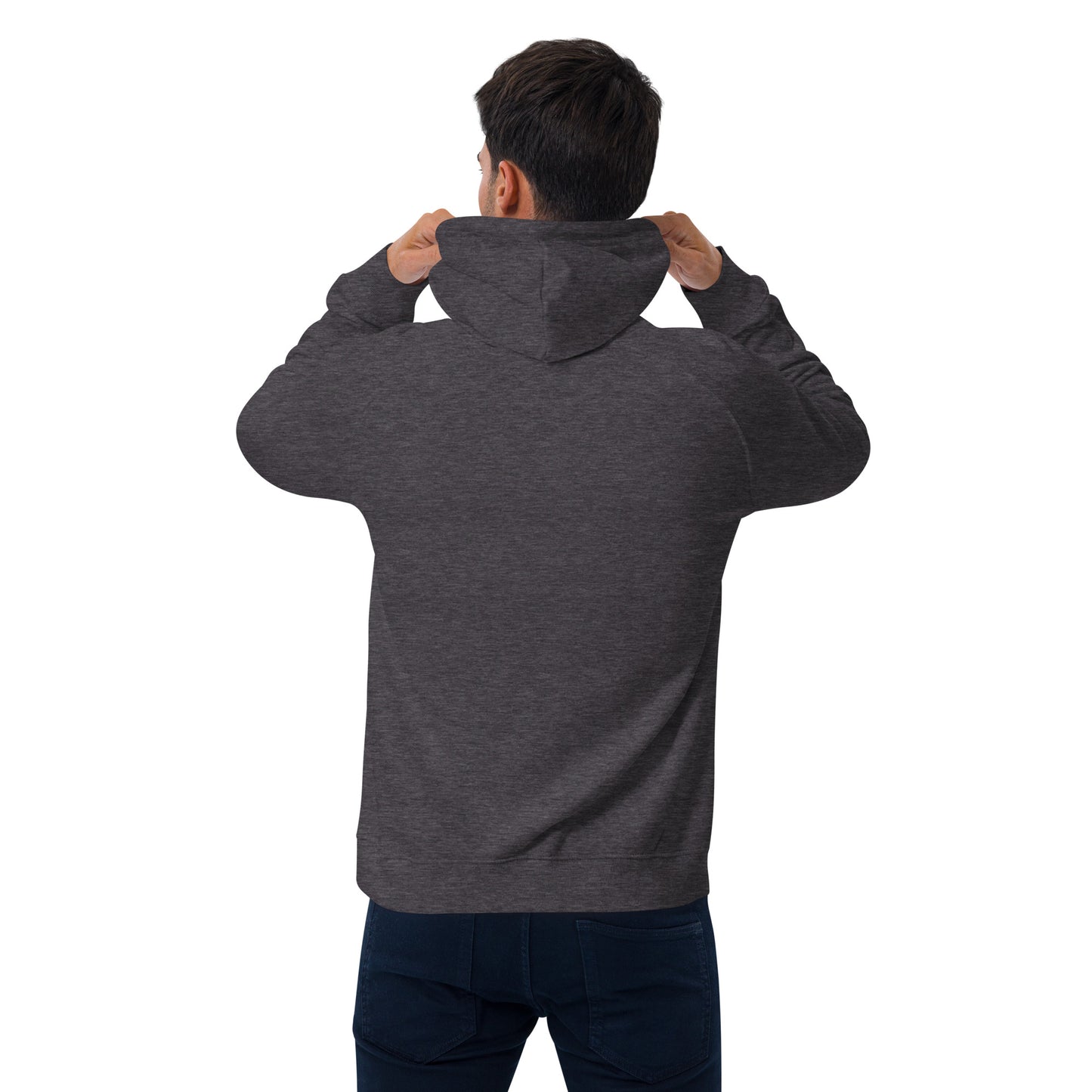 Rear view of man wearing grey melange organic cotton gamer merch hoodie