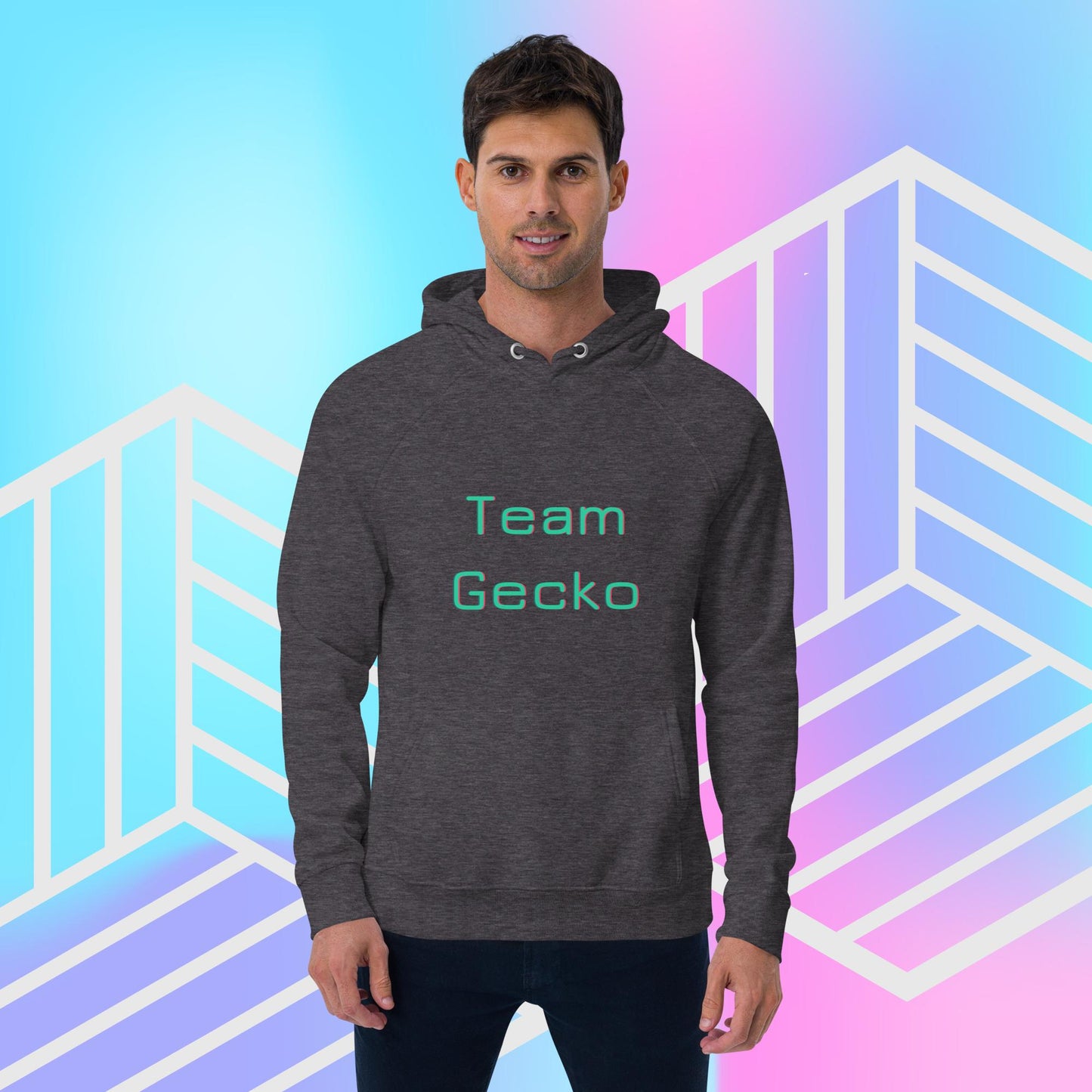 Man wearing heather grey organic cotton hoodie with light green glitch effect "Team Gecko" slogan. The backdrop is blue, pink and purple gradient with white graphics.
