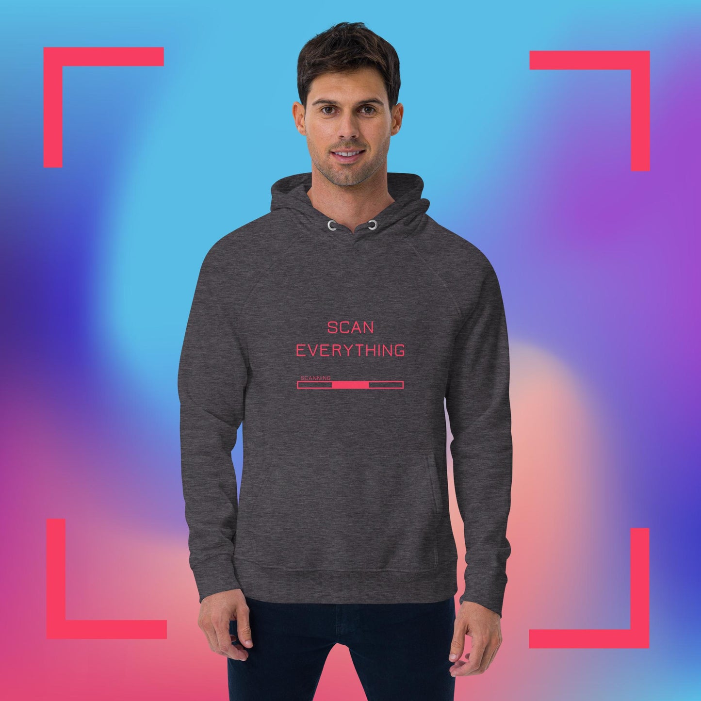 Front view of man wearing grey melange organic cotton gamer merch hoodie with bright pink "Scan Everything " slogan and scanning progress bar graphic. The backdrop is blue, pink and purple gradient with pink graphics.