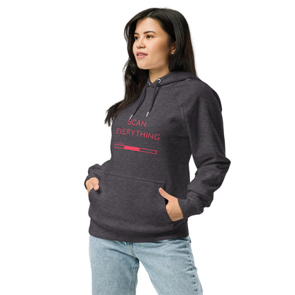 3/4 view of young woman wearing grey melange organic cotton gamer merch hoodie with bright pink "Scan Everything " slogan and scanning progress bar graphic.
