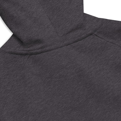 Close up view of reverse of heather grey organic cotton hoodie showing stitching details.