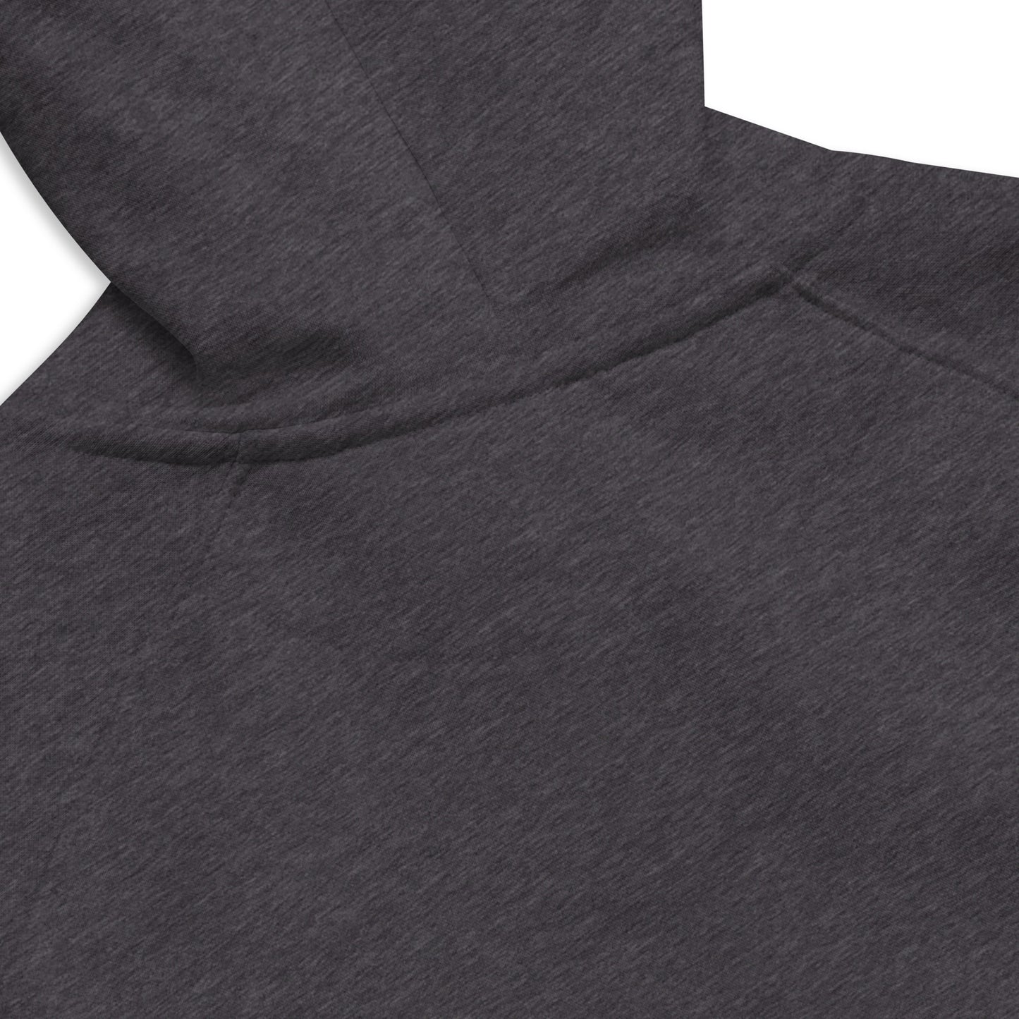 Close up detail back of neck on grey melange organic cotton gamer merch hoodie.