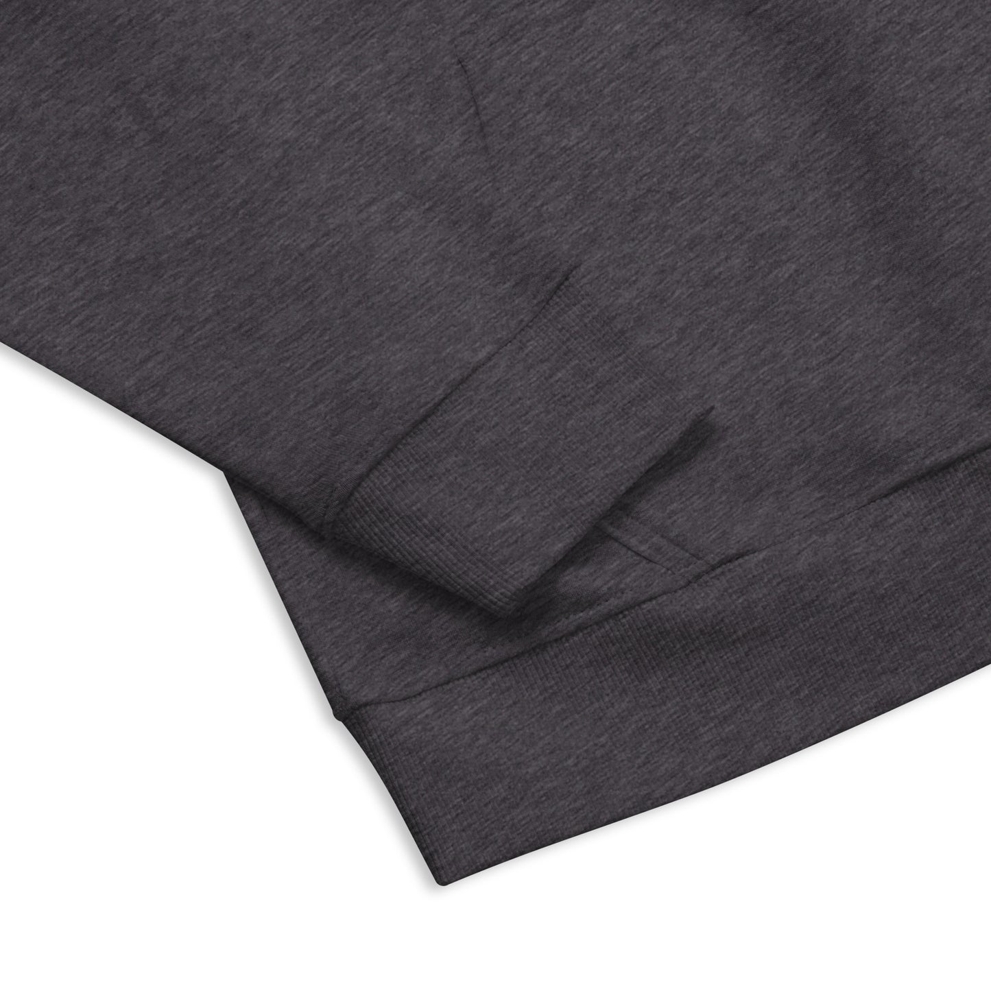 close up detail of heather grey organic cotton hoodie showing right cuff and hem.
