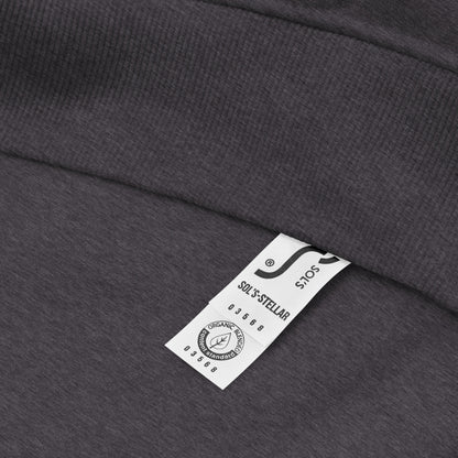 close up detail of heather grey organic cotton hoodie showing makers label.
