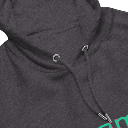 Close up detail of drawstrings on heather grey organic cotton hoodie.