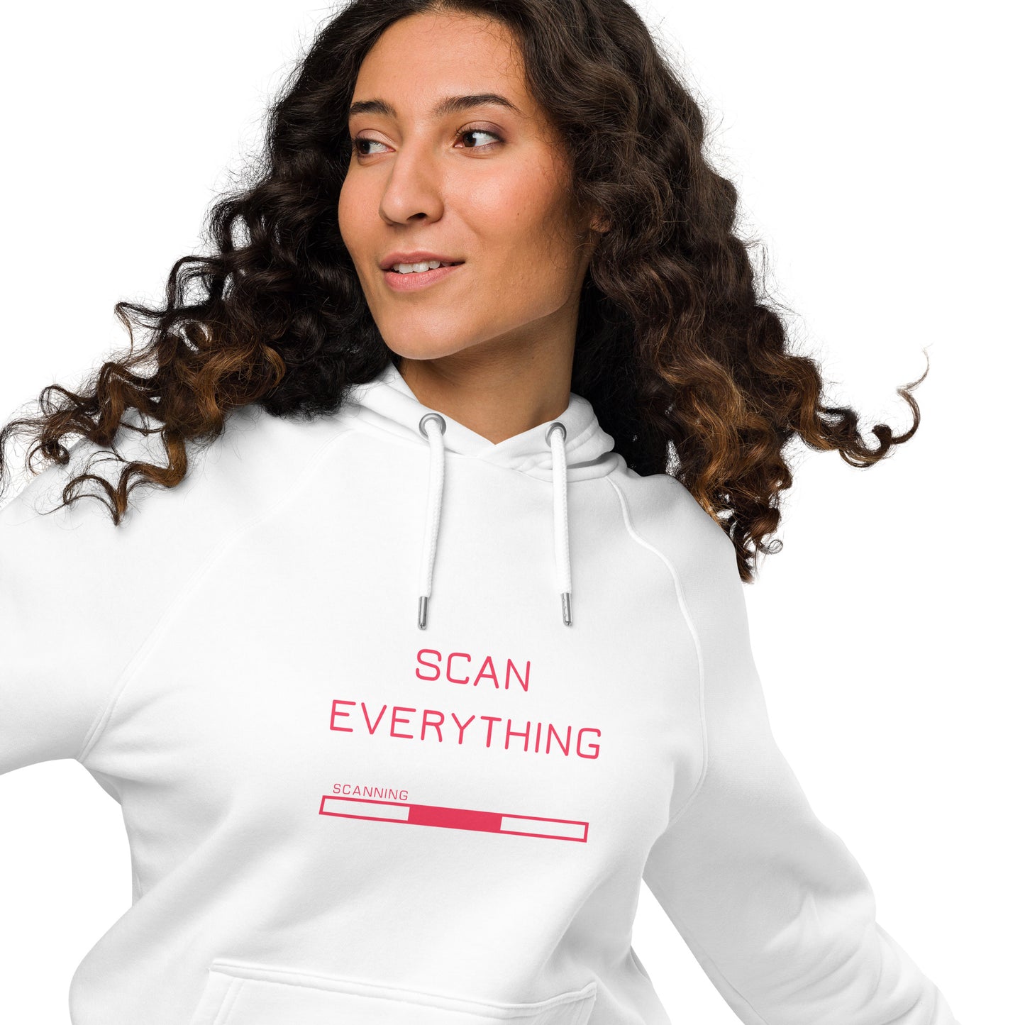 woman wearing white organic cotton gamer merch hoodie with bright pink "Scan Everything " slogan and scanning progress bar graphic.
