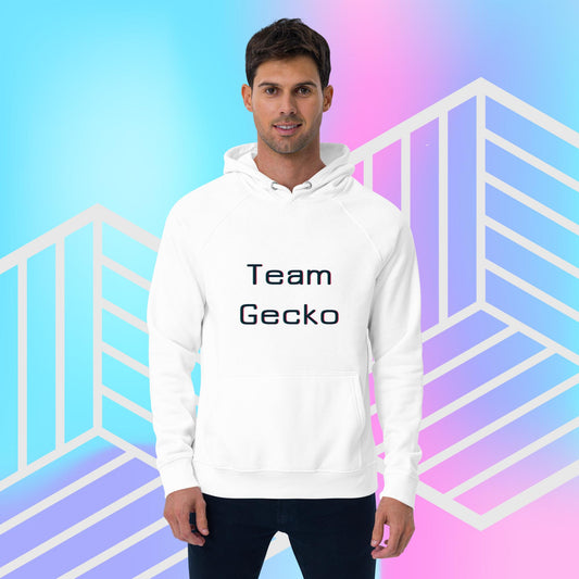 Man wearing white organic cotton hoodie with midnight blue glitch effect "Team Gecko" slogan. The backdrop is blue, pink and purple gradient with white graphics.