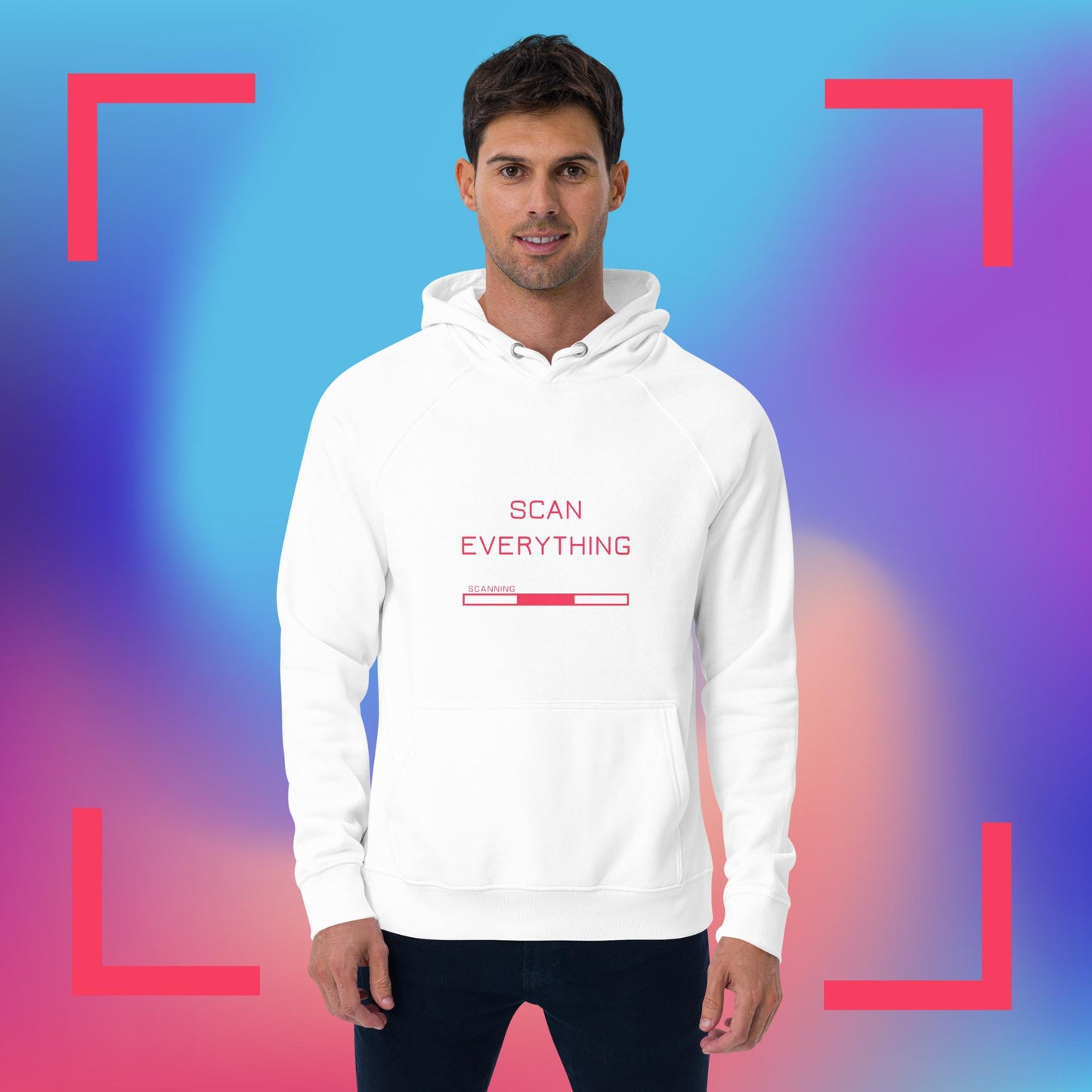 Front view of man wearing white organic cotton gamer merch hoodie with bright pink "Scan Everything " slogan and scanning progress bar graphic. The backdrop is blue, pink and purple gradient with pink graphics.