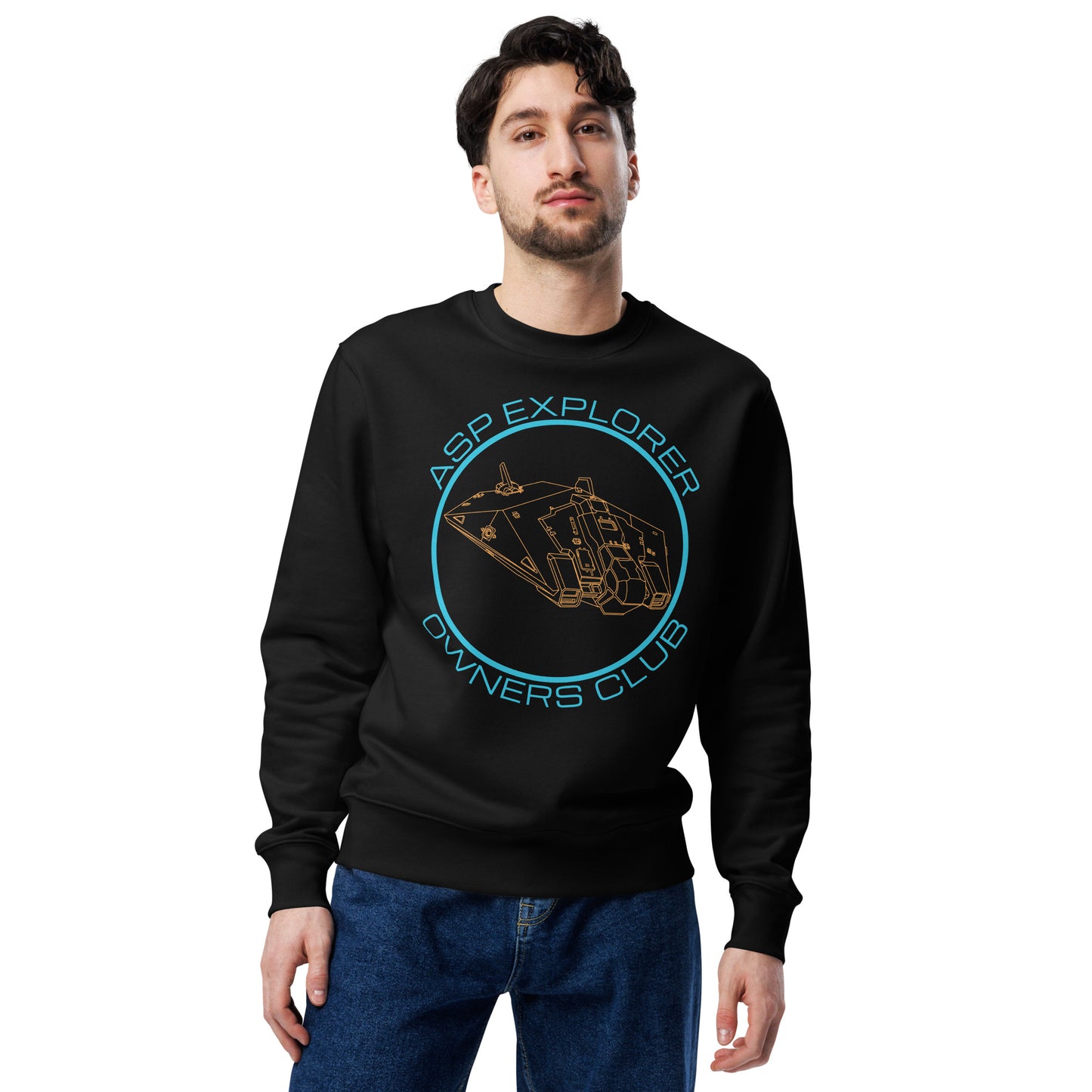 man wearing black organic cotton sweatshirt with orange and blue Asp Explorer Owners Club design