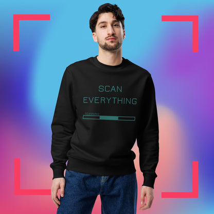 Front view of man wearing black organic cotton gamer merch sweatshirt with mint green "Scan Everything " slogan and scanning progress bar graphic. The backdrop is blue, pink and purple gradient with pink graphics.