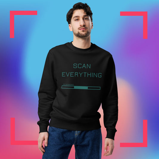 Front view of man wearing black organic cotton gamer merch sweatshirt with mint green "Scan Everything " slogan and scanning progress bar graphic. The backdrop is blue, pink and purple gradient with pink graphics.