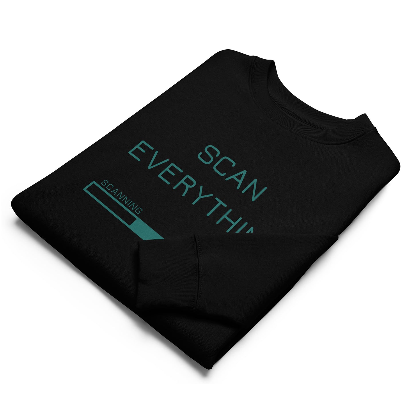 folded view of black organic cotton gamer merch sweatshirt with mint green "Scan Everything " slogan and scanning progress bar graphic. 