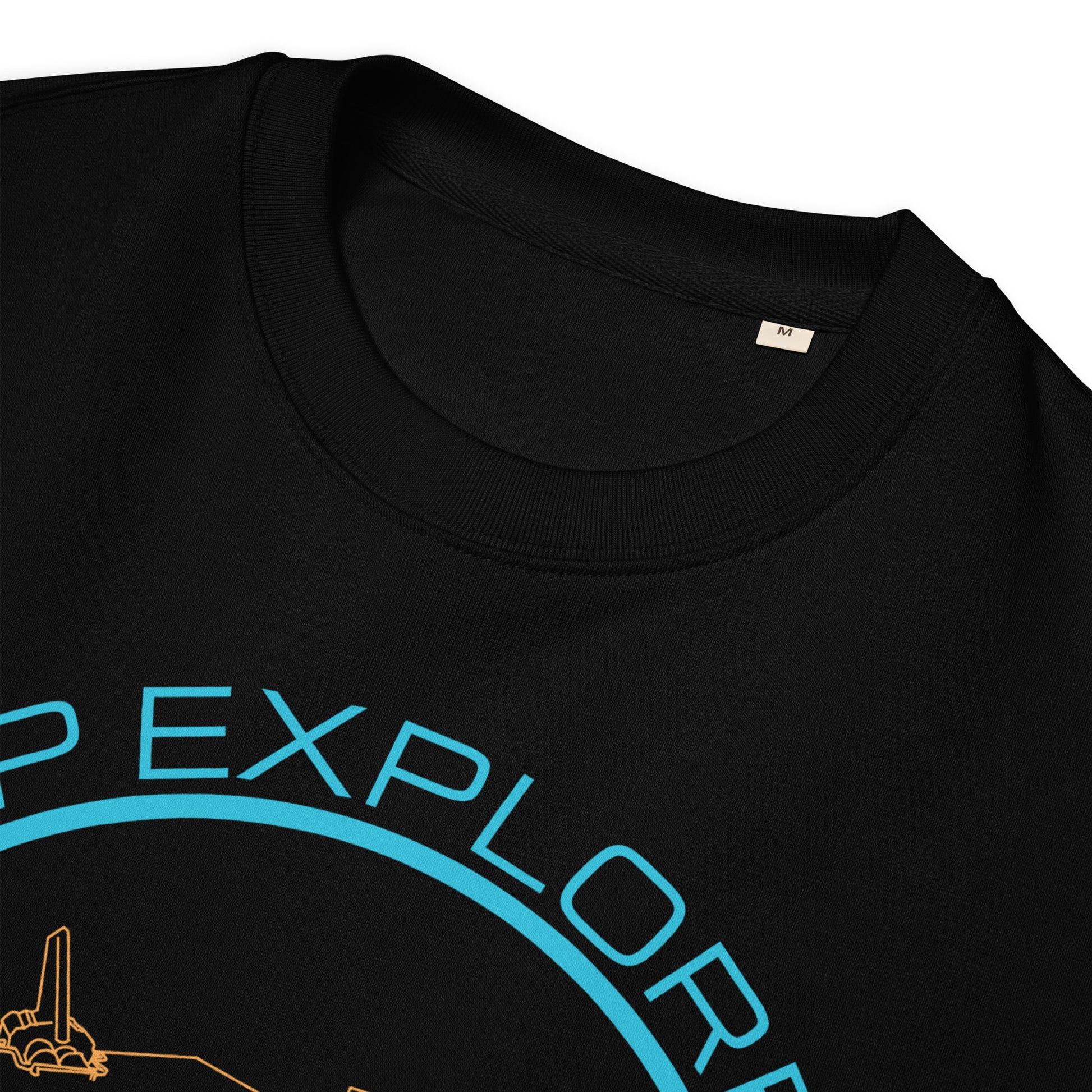 close up on crew neck of black organic cotton sweatshirt with orange and blue Asp Explorer Owners Club design
