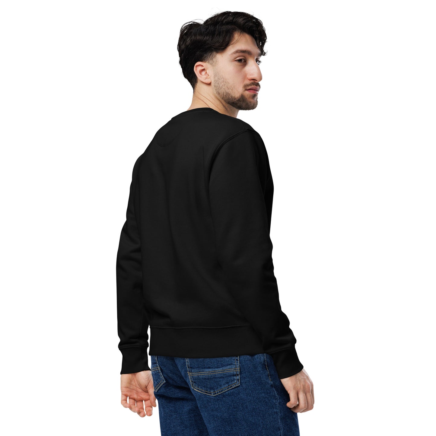 3/4 Rear view of man wearing black organic cotton gamer merch sweatshirt
