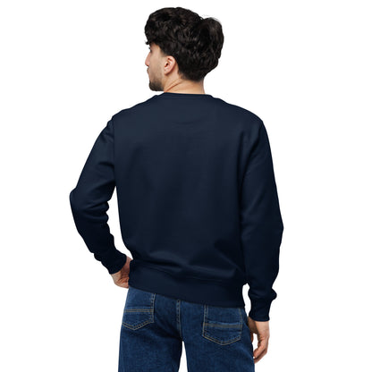 back view of man wearing navy organic cotton sweatshirt.