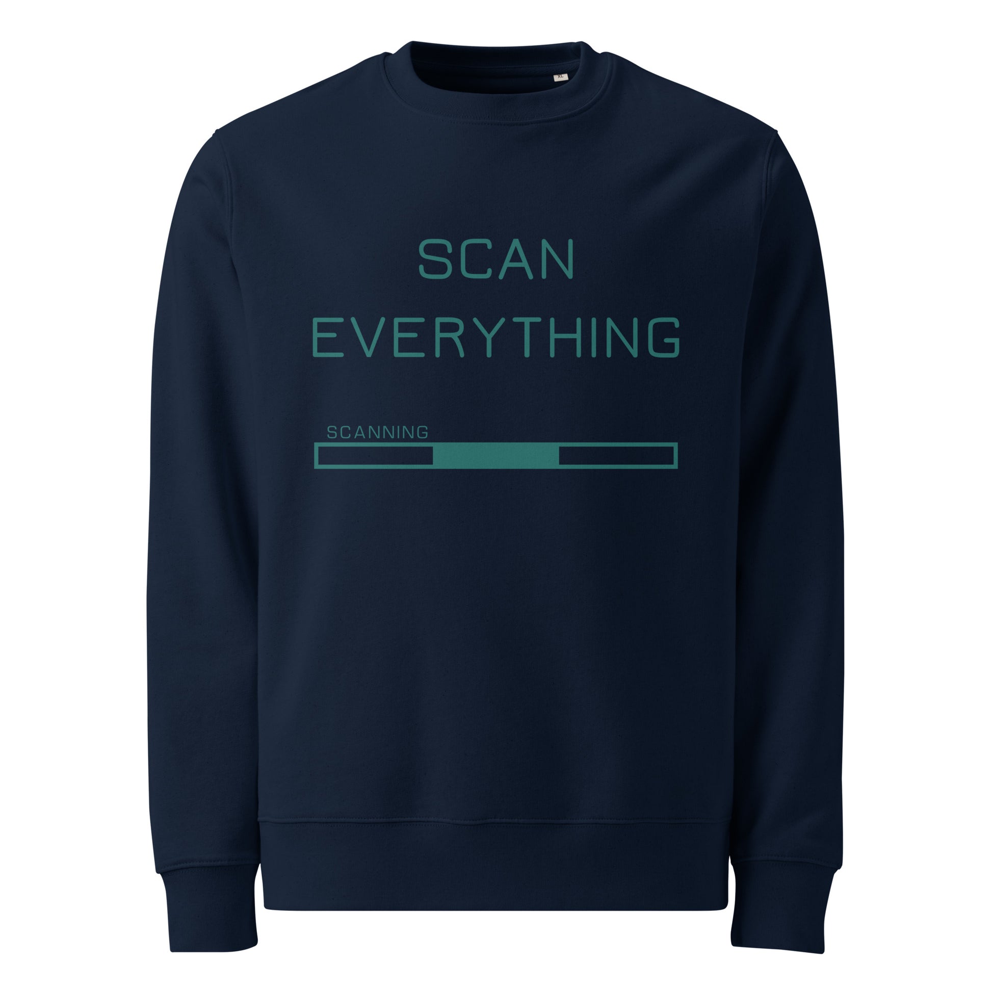 ghost view of navy organic cotton gamer merch hoodie with mint green "Scan Everything " slogan and scanning progress bar graphic.
